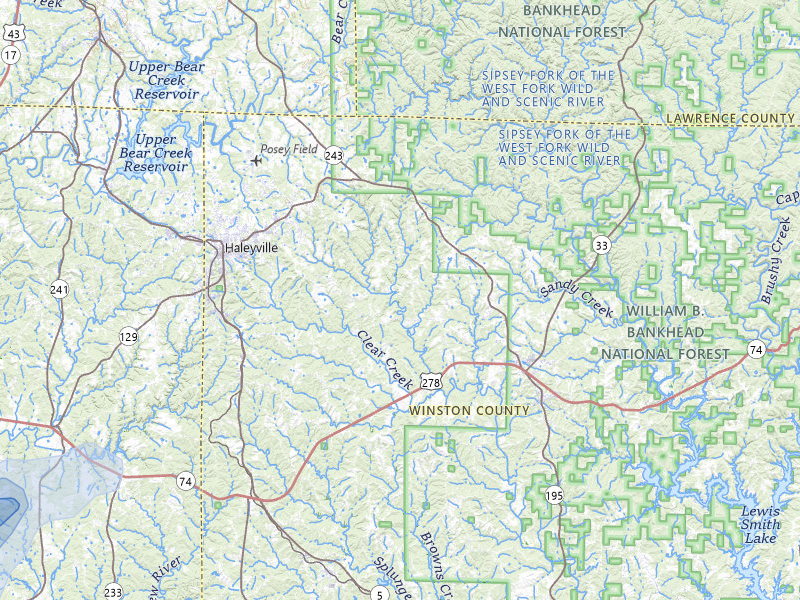 NEXRAD radar-signature map of the hail over Haleyville, AL