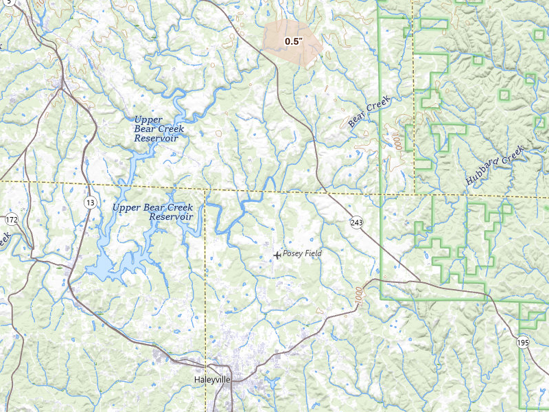 Radar-estimated hail-size map of the storm over Haleyville, AL on Jul 5, 2026