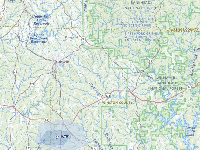NEXRAD radar-signature map of the hail storm over Haleyville, AL on Jul 9, 2026