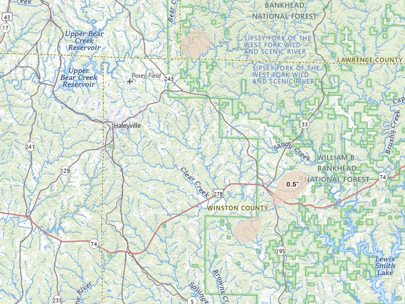 Radar-estimated hail-size map of the storm over Haleyville, AL on Jul 11, 2026