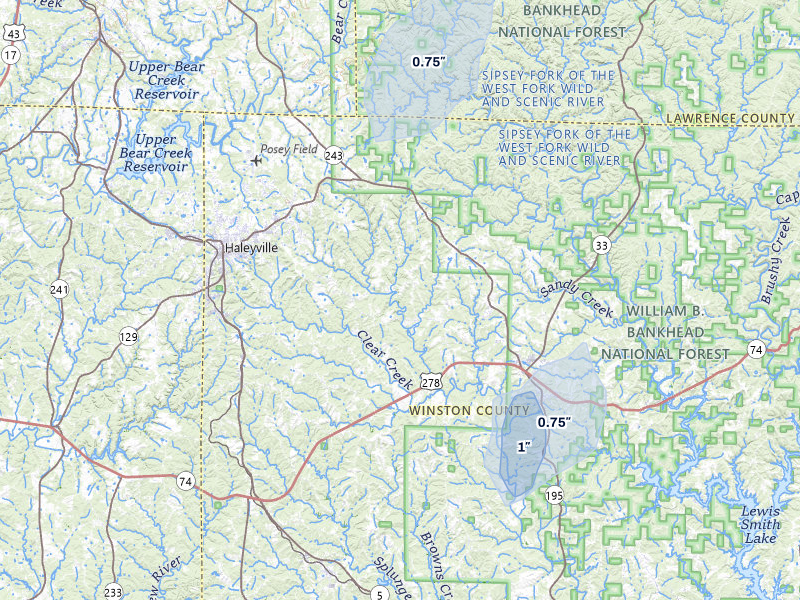 NEXRAD radar-signature map of the hail storm over Haleyville, AL on Jul 11, 2026