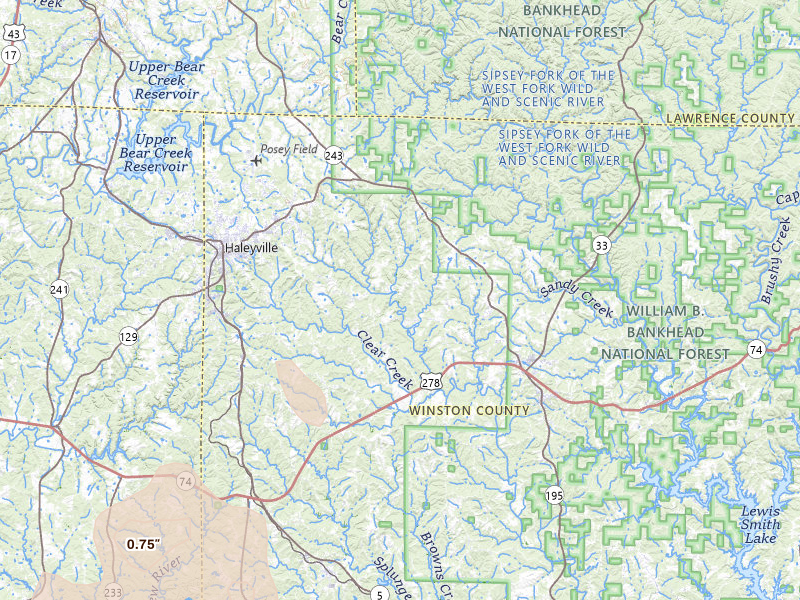 Radar-estimated hail-size map of the storm over Haleyville, AL on Jul 26, 2026
