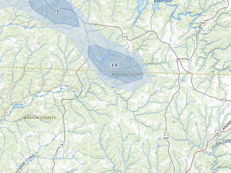 NEXRAD radar-signature map of the hail over Hamilton, AL