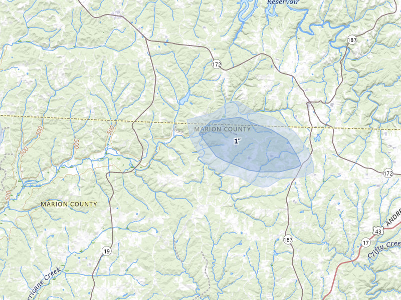 NEXRAD radar-signature map of the hail over Hamilton, AL