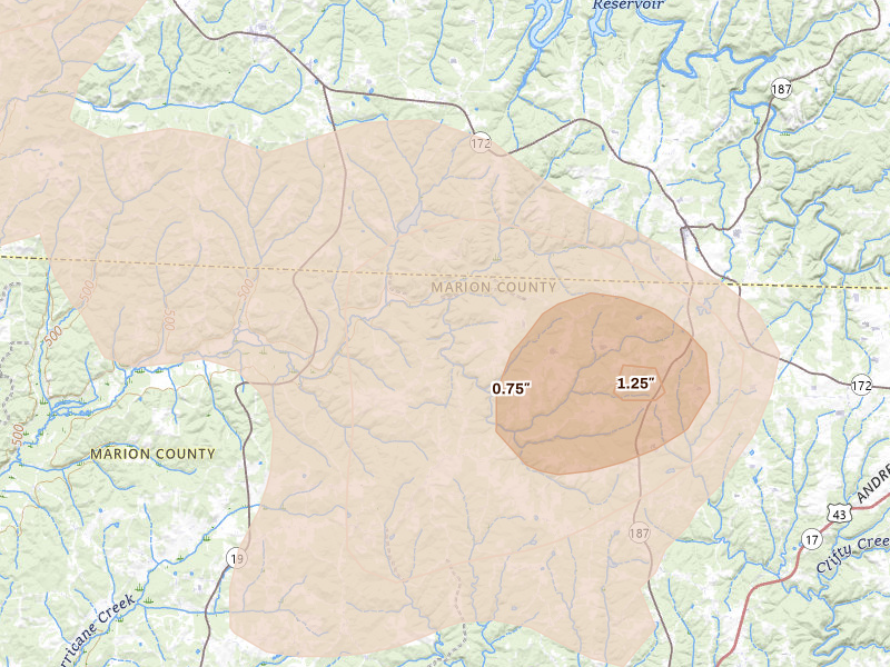 Radar-estimated hail-size map of the storm over Hamilton, AL on Jul 1, 2026