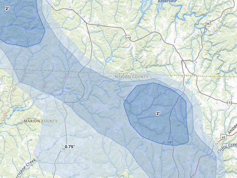 NEXRAD radar-signature map of the hail storm over Hamilton, AL on Jul 1, 2026