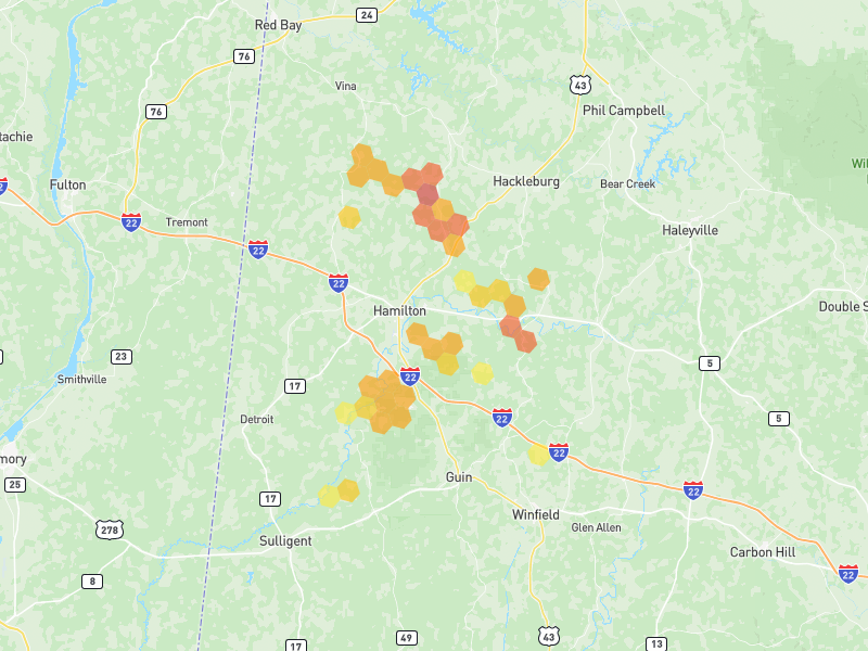 Hail map of Hamilton, AL on Jul 1, 2026, hail up to 2"