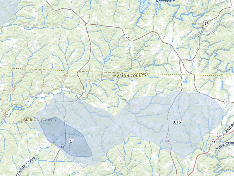 NEXRAD radar-signature map of the hail storm over Hamilton, AL on Jul 9, 2026