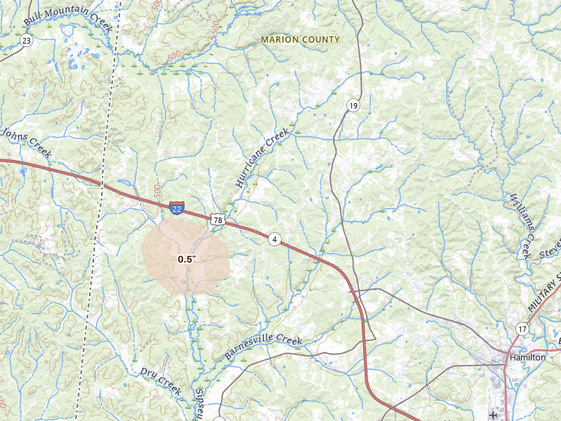 Radar-estimated hail-size map of the storm over Hamilton, AL on Aug 22, 2026