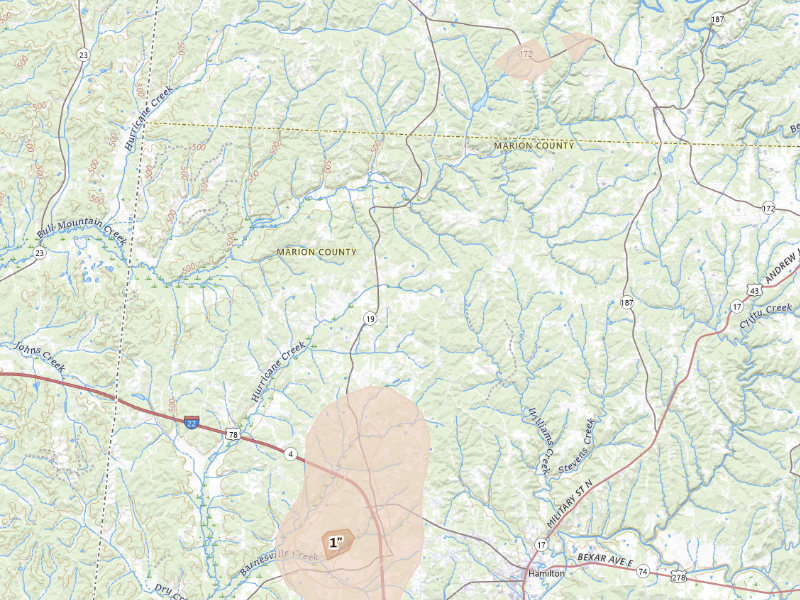 Radar-estimated hail-size map of the storm over Hamilton, AL