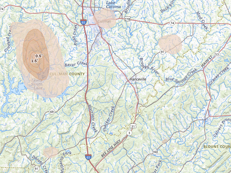 Radar-estimated hail-size map of the storm over Hanceville, AL on Jun 1, 2026