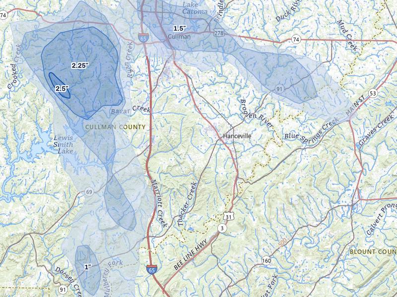 NEXRAD radar-signature map of the hail storm over Hanceville, AL on Jun 1, 2026