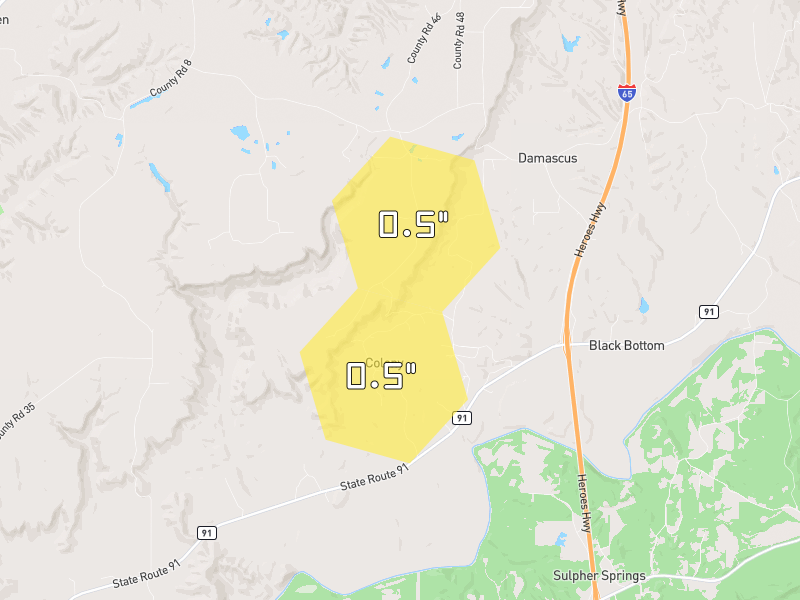 Hail map of Hanceville, AL on Jul 1, 2026, hail up to 0.5"