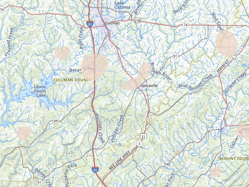 Radar-estimated hail-size map of the storm over Hanceville, AL on Jul 3, 2026