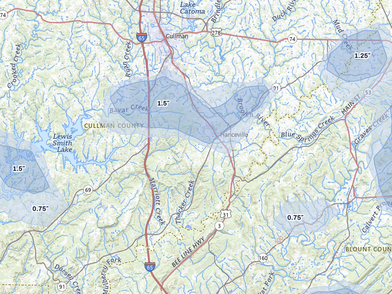 NEXRAD radar-signature map of the hail storm over Hanceville, AL on Jul 3, 2026