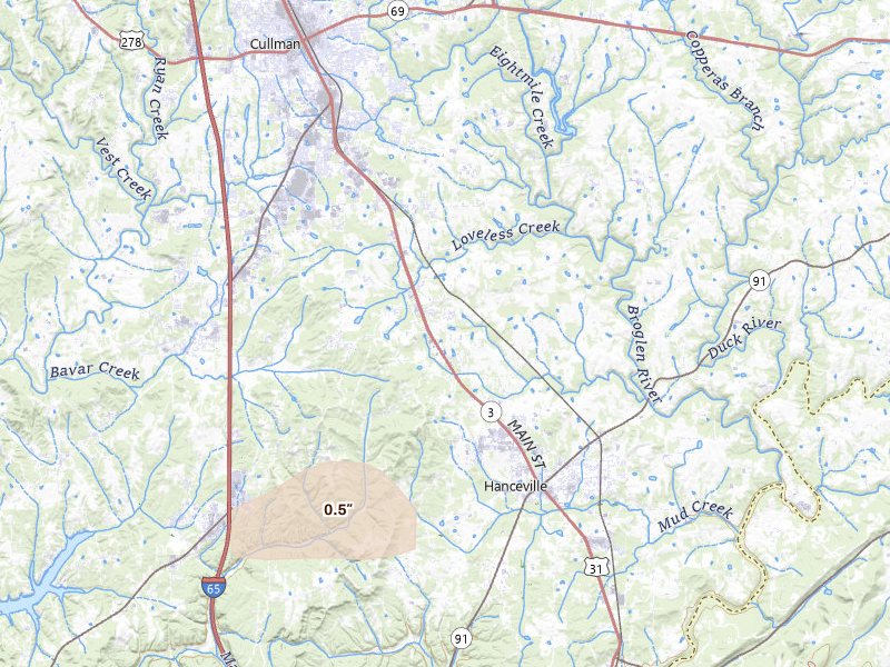 Radar-estimated hail-size map of the storm over Hanceville, AL on Aug 17, 2026