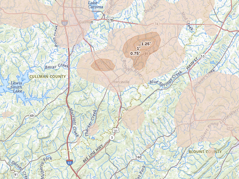 Radar-estimated hail-size map of the storm over Hanceville, AL on Aug 20, 2026