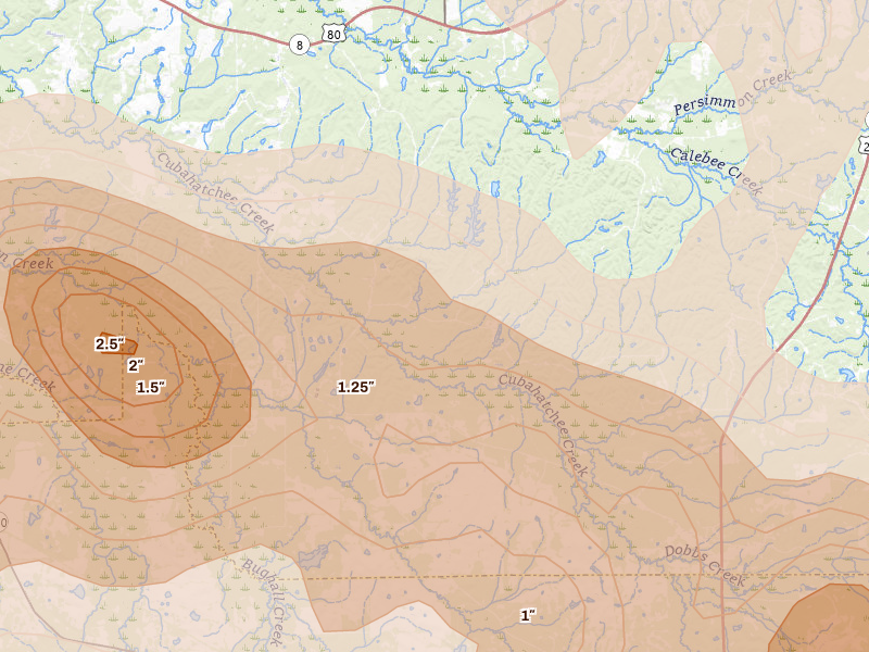 Radar-estimated hail-size map of the storm over Hardaway, AL on May 6, 2026