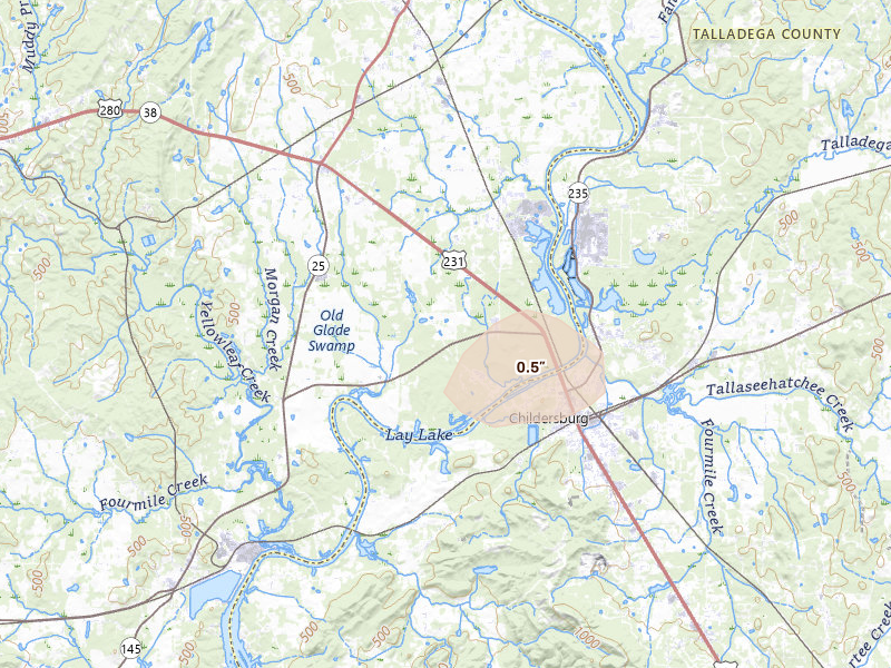 Radar-estimated hail-size map of the storm over Harpersville, AL on Jul 2, 2026
