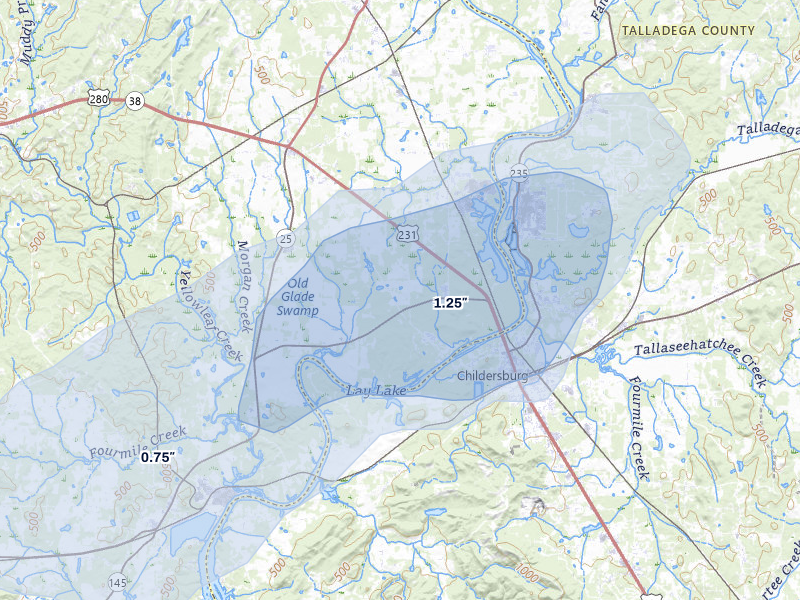 NEXRAD radar-signature map of the hail over Harpersville, AL