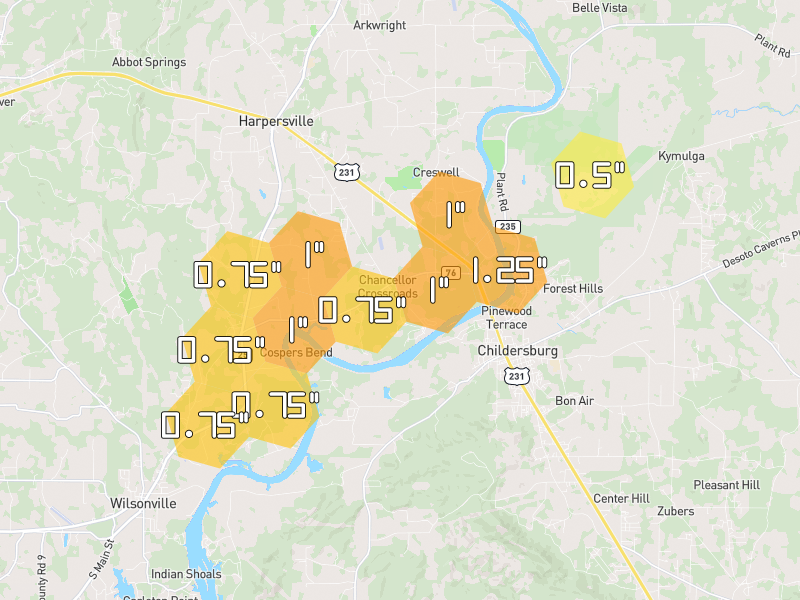 Hail map of Harpersville, AL on Jul 3, 2026, hail up to 1.25"
