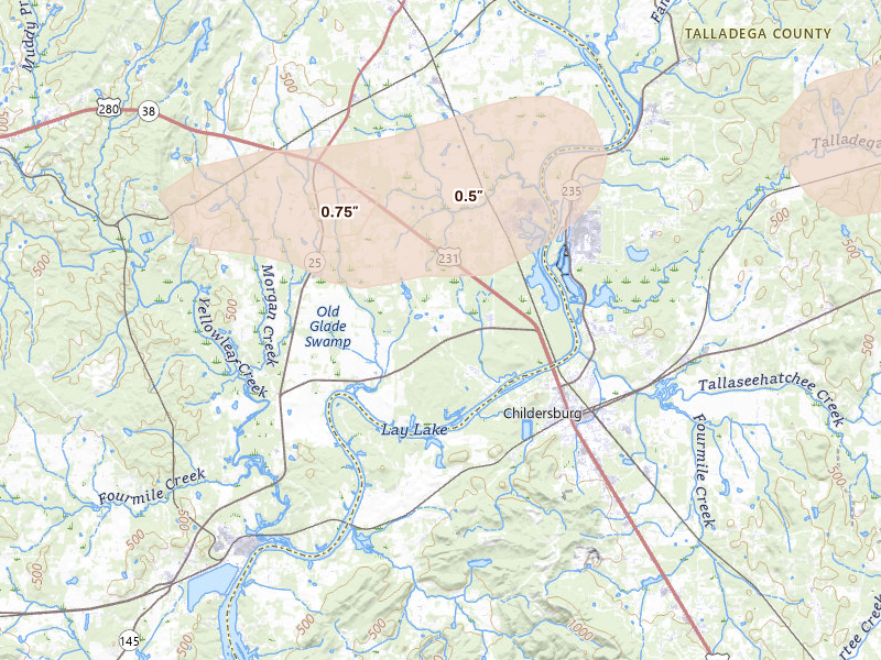 Radar-estimated hail-size map of the storm over Harpersville, AL on Aug 1, 2026