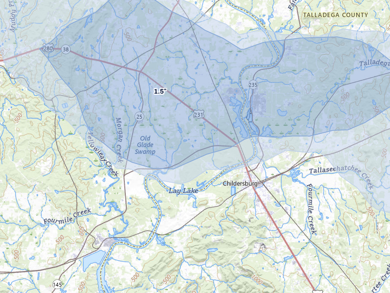 NEXRAD radar-signature map of the hail storm over Harpersville, AL on Aug 1, 2026