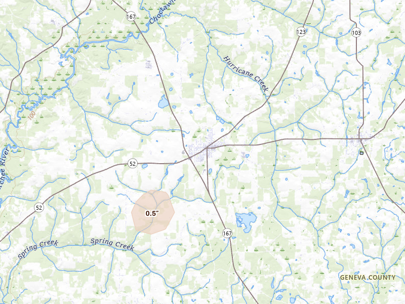 Radar-estimated hail-size map of the storm over Hartford, AL on Aug 9, 2026