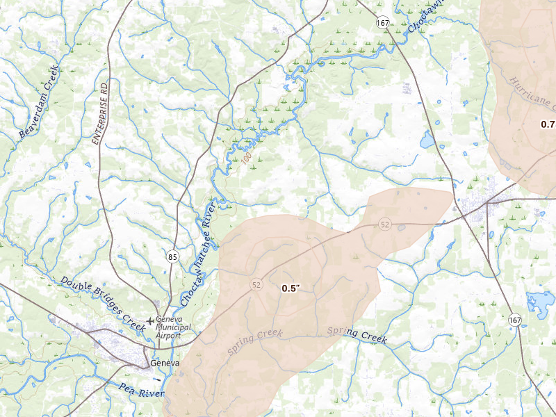 Radar-estimated hail-size map of the storm over Hartford, AL on Aug 12, 2026