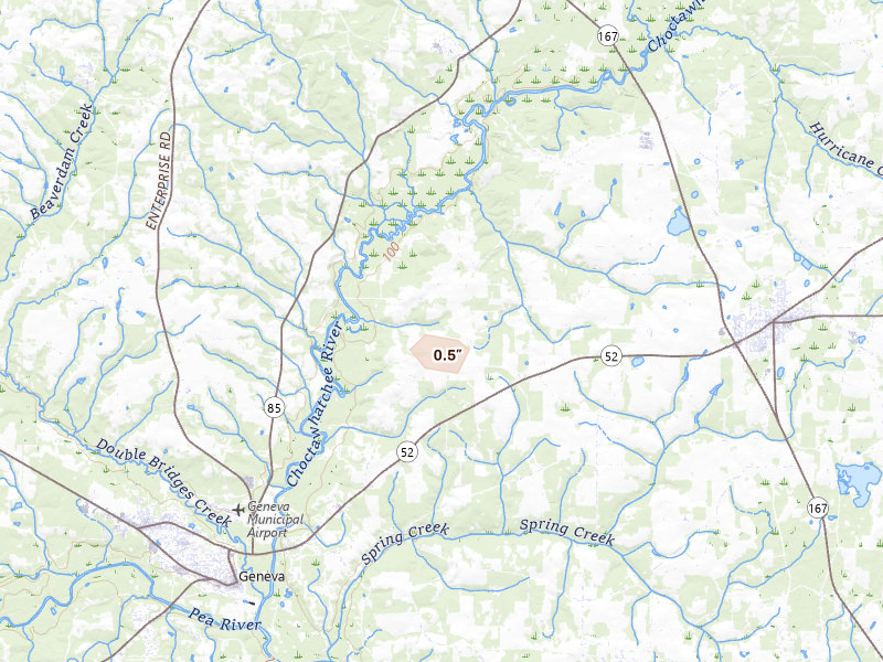 Radar-estimated hail-size map of the storm over Hartford, AL on Aug 20, 2026