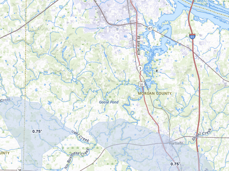 NEXRAD radar-signature map of the hail over Hartselle, AL
