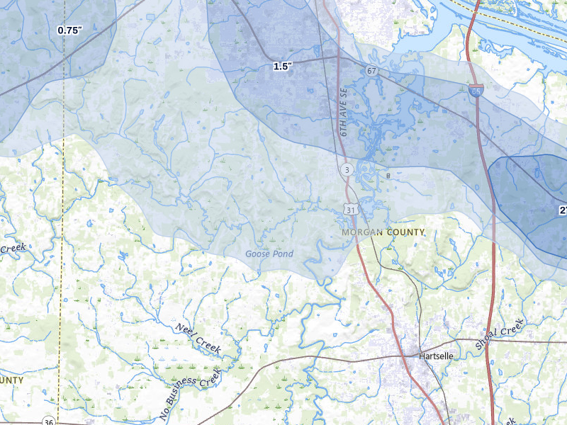 NEXRAD radar-signature map of the hail storm over Hartselle, AL on Jun 1, 2026