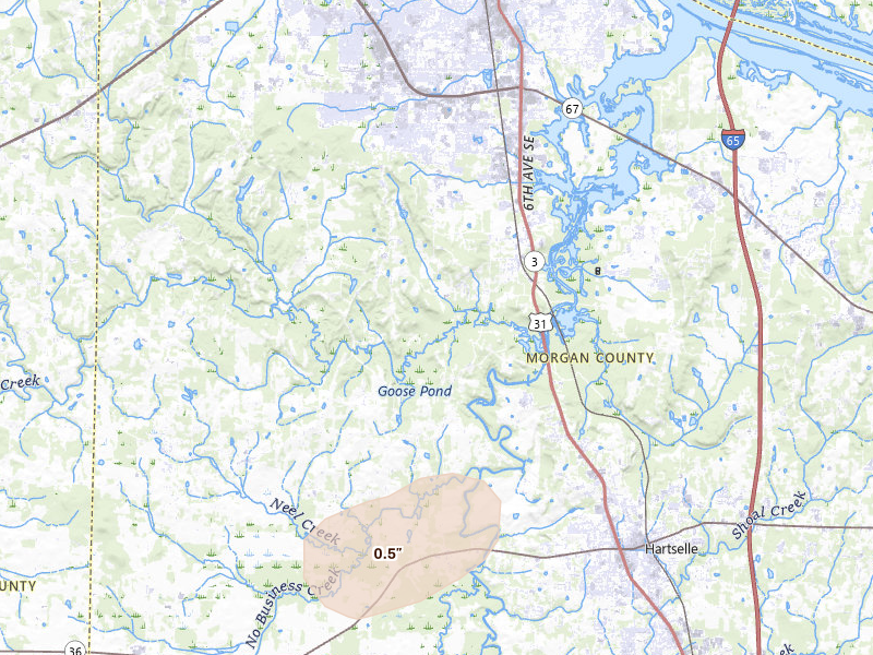 Radar-estimated hail-size map of the storm over Hartselle, AL on Jul 5, 2026