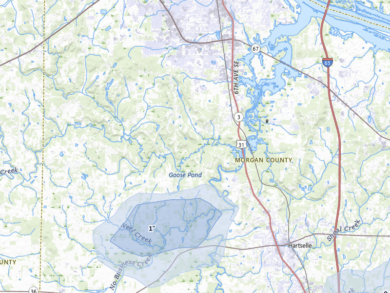 NEXRAD radar-signature map of the hail storm over Hartselle, AL on Jul 5, 2026