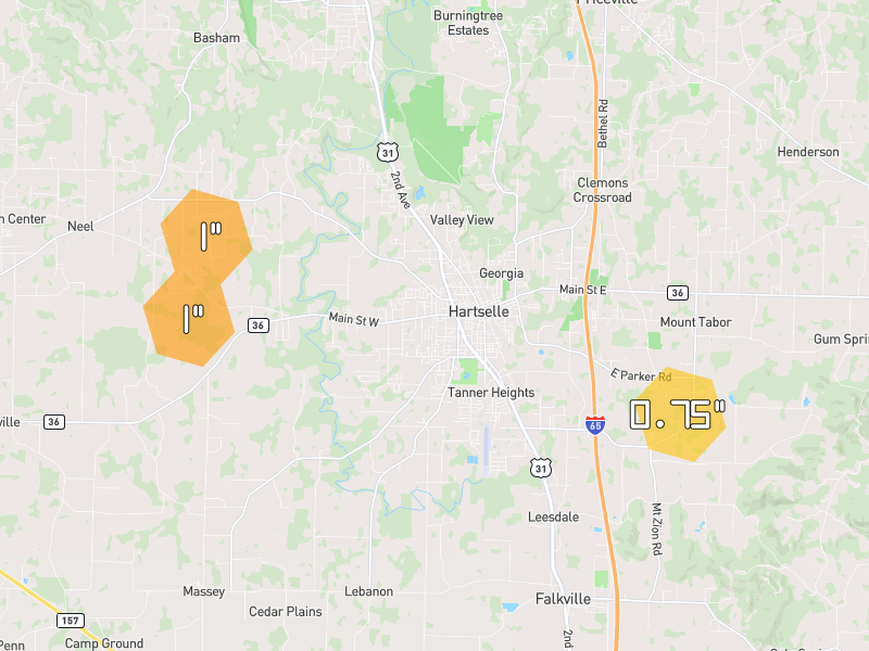 Hail map of Hartselle, AL on Jul 5, 2026, hail up to 1"