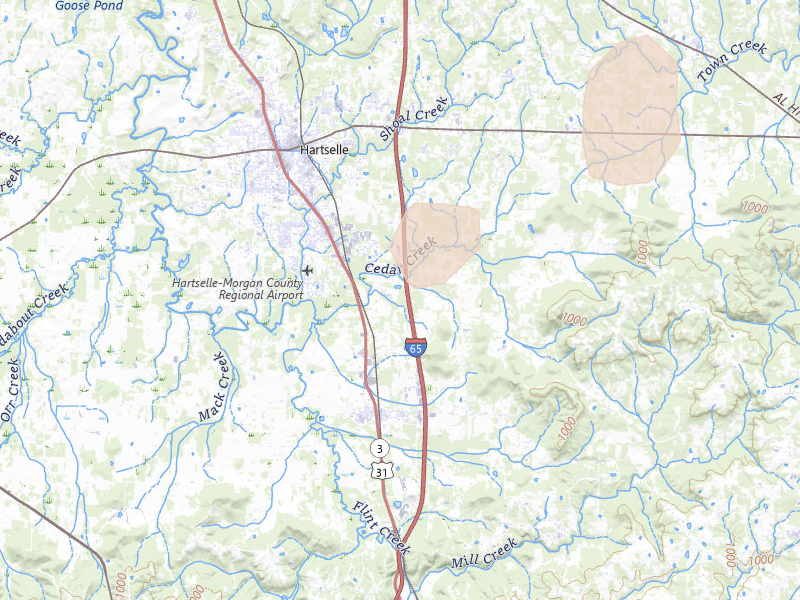Radar-estimated hail-size map of the storm over Hartselle, AL on Aug 7, 2026