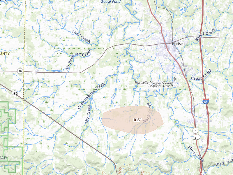 Radar-estimated hail-size map of the storm over Hartselle, AL on Aug 17, 2026
