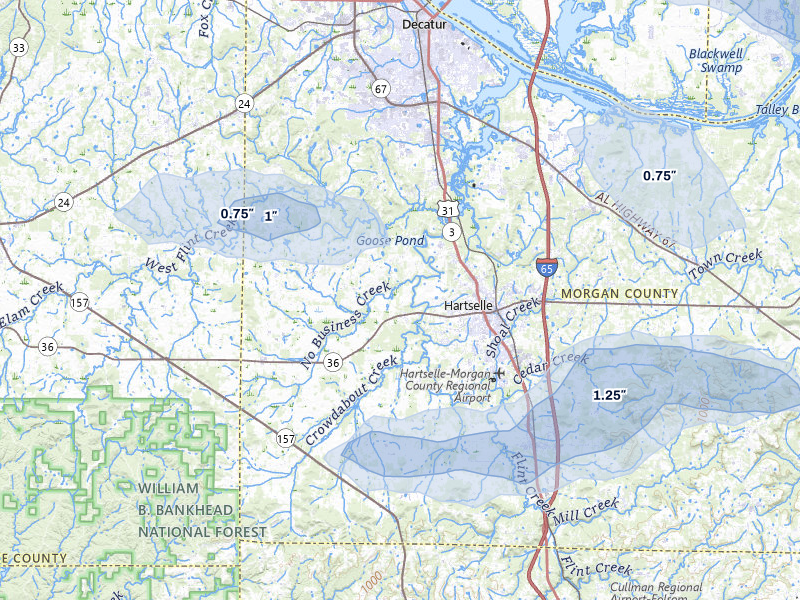 NEXRAD radar-signature map of the hail storm over Hartselle, AL on Aug 17, 2026