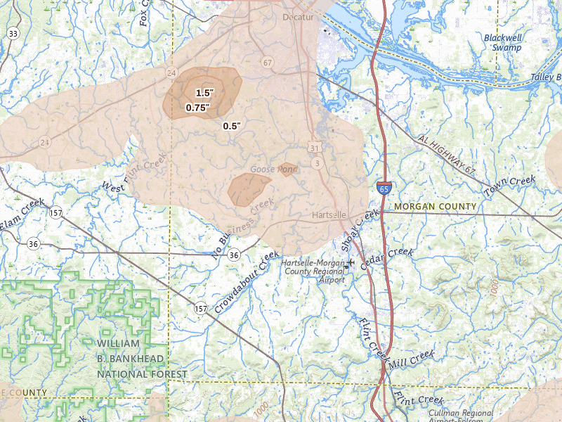 Radar-estimated hail-size map of the storm over Hartselle, AL on Aug 20, 2026