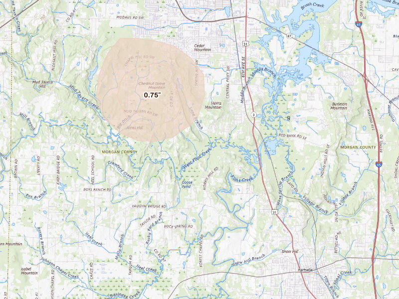 Radar-estimated hail-size map of the storm over Hartselle, AL
