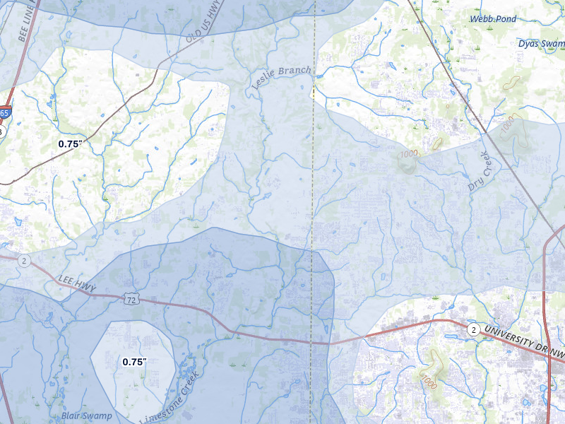 NEXRAD radar-signature map of the hail over Harvest, AL