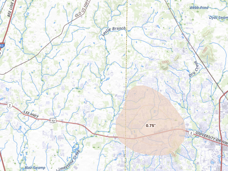 Radar-estimated hail-size map of the storm over Harvest, AL on Jul 2, 2026