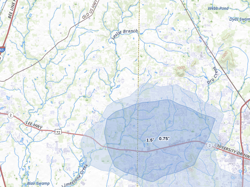 NEXRAD radar-signature map of the hail over Harvest, AL