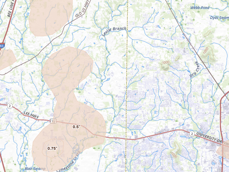 Radar-estimated hail-size map of the storm over Harvest, AL on Jul 3, 2026