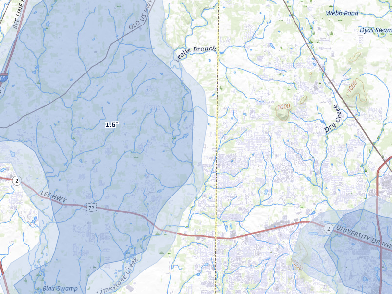 NEXRAD radar-signature map of the hail storm over Harvest, AL on Jul 3, 2026