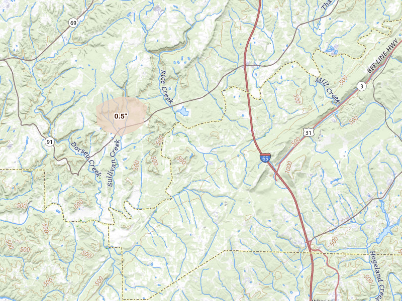 Radar-estimated hail-size map of the storm over Hayden, AL on Jun 1, 2026