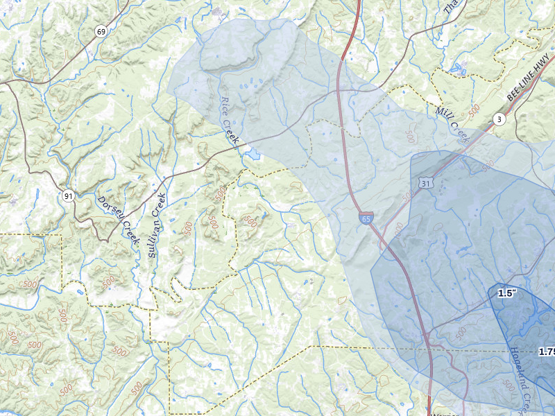 NEXRAD radar-signature map of the hail storm over Hayden, AL on Jul 1, 2026