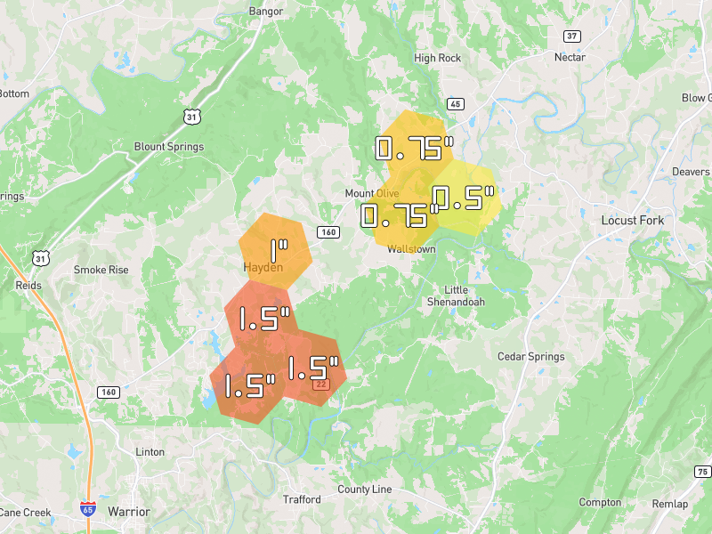 Hail map of Hayden, AL on Jul 1, 2026, hail up to 1.5"