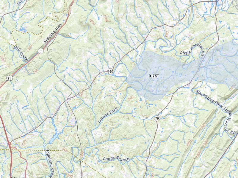 NEXRAD radar-signature map of the hail storm over Hayden, AL on Jul 11, 2026