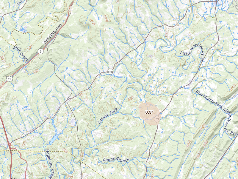 Radar-estimated hail-size map of the storm over Hayden, AL on Jul 18, 2026